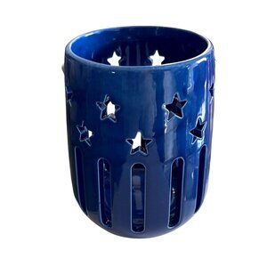 Ceramic Blue Star Cutout Lantern Candle Holder 6.5" Tall (Candle not included)